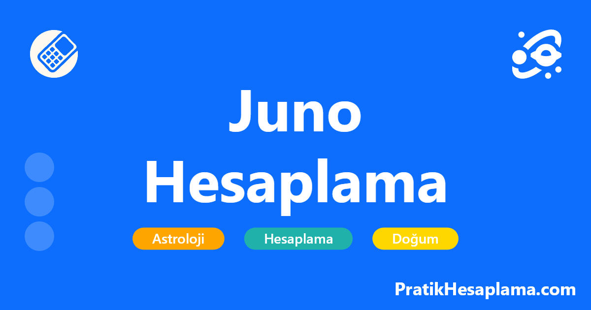 Juno Hesaplama hesaplama - Doğum haritanızda Juno'nun konumunu öğrenin. Astrolojik ilişkiler, evlilik ve bağlılık temalarınızı keşfedin. Ücretsiz Juno burcu hesaplama aracı.