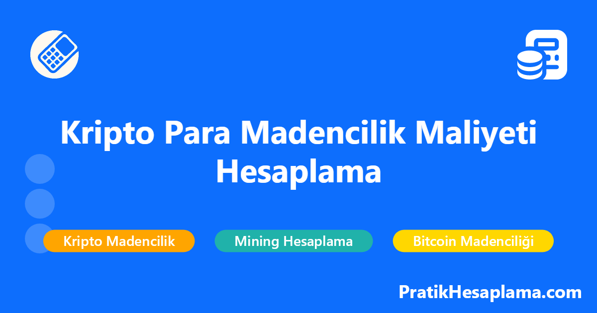 Kripto Para Madencilik Maliyeti Hesaplama hesaplama - Finans - PratikHesaplama.com Kripto Para Madencilik Maliyeti Hesaplama hesaplama - Kripto para madenciliği maliyetlerinizi hesaplayın. GPU, ASIC ve bulut madenciliği için detaylı maliyet analizi yapın. Güncel verilerle karlılık hesaplama.